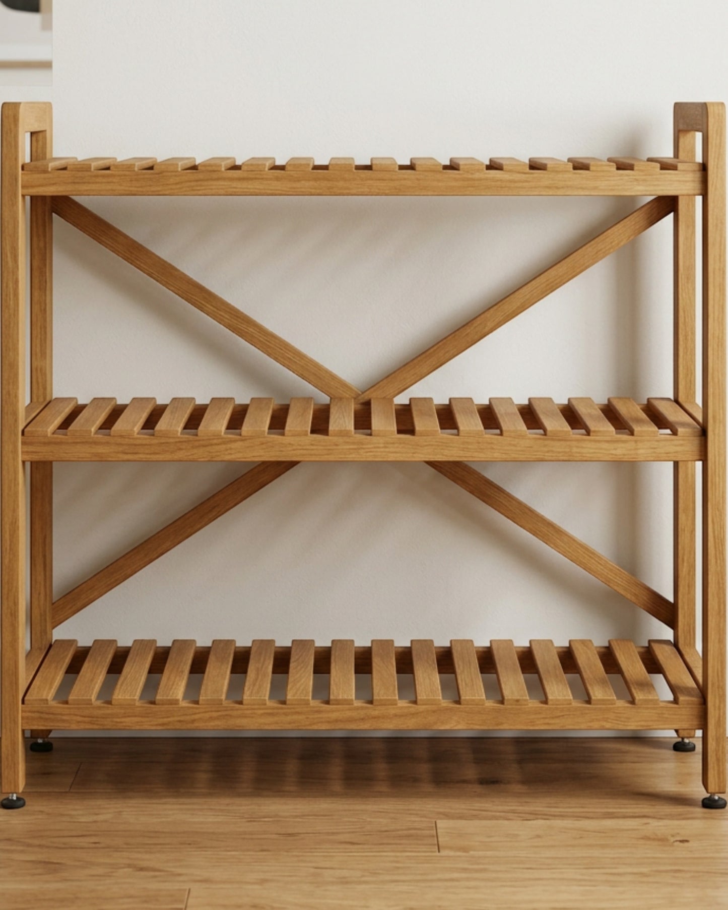 Zenware Wide Rubberwood Plant Stand 3 Tier Oak Finish - Lifestyle view