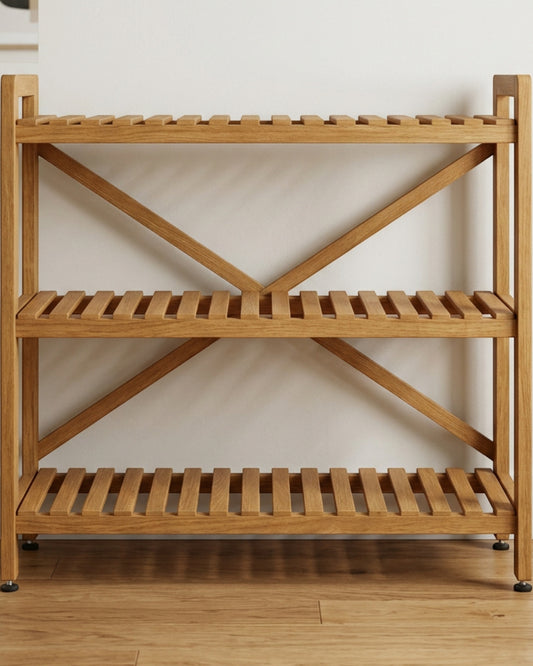 Zenware Wide Rubberwood Plant Stand 3 Tier Oak Finish - Lifestyle view